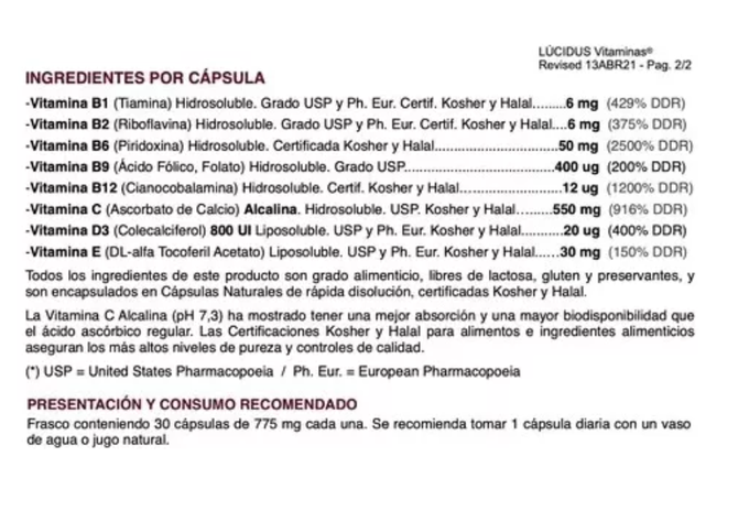 Lucidus Vitaminas B1 B2 B6 B9 B12 C D3 E 30 Caps Vy. Para el Cerebro-1