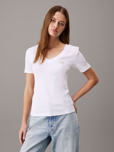 Polera Woven Label Rib V-Neck Blanco Calvin Klein-0
