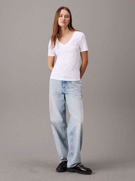 Polera Woven Label Rib V-Neck Blanco Calvin Klein-1