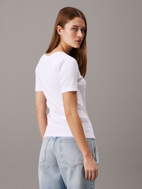 Polera Woven Label Rib V-Neck Blanco Calvin Klein-2