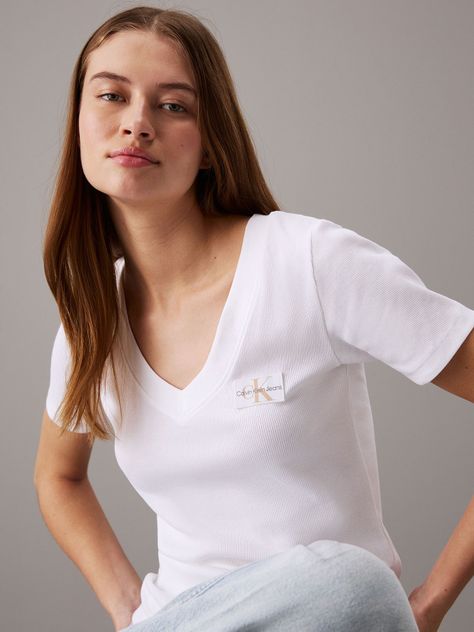 Polera Woven Label Rib V-Neck Blanco Calvin Klein-3