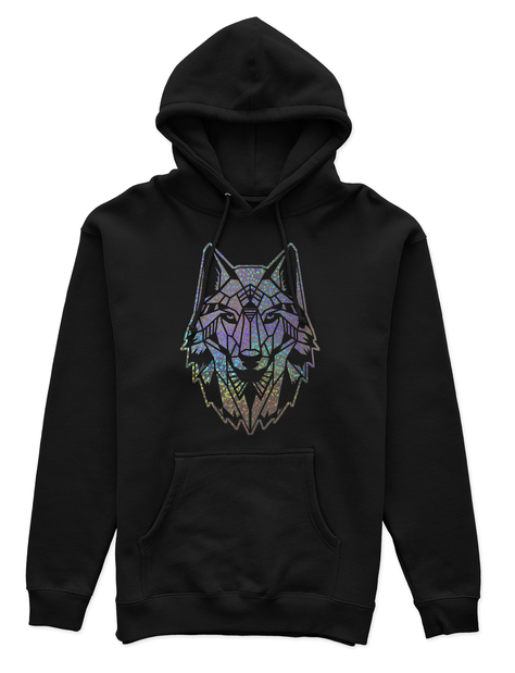 Polerón Canguro Unisex Negro - Lobo Geométrico holográfico efecto circulo-0