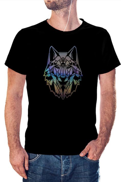 Polera Hombre diseño Lobo Geométrico Holografico -0