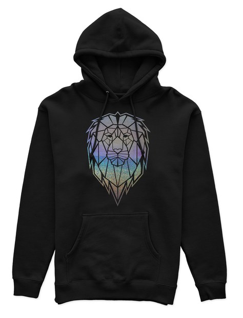 Polerón Canguro Unisex Negro - León Geométrico holográfico-0