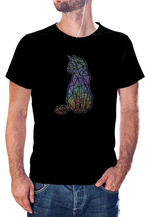 Polera Hombre diseño Gato Geométrico Holografico efecto circulo-0