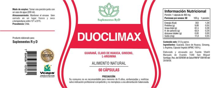 Duoclimax 60 Capsulas Vegetales potenciador sexual RYD-1