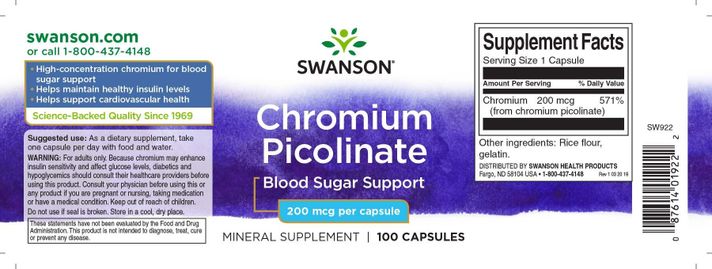 Picolinato de Cromo 200 mcg 100 capsulas SWANSON-1