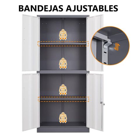 Armario de Acero 90x40x185 cm 2 Cuerpos 4 Puertas 3 Bandejas-4