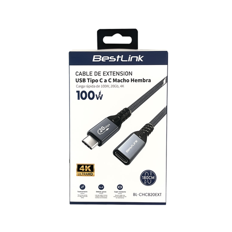 Cable Extension USB Tipo C a C Macho Hembra 100W 20Gb 4K 1,8mt-4