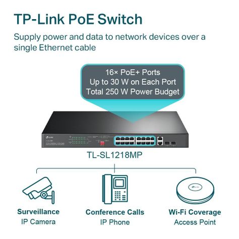 Switch 16 Puertos PoE 10/100 Mbps + 2 PoE Gigabit + 2 SFP Gigabit Rackeable TL-SL1218MP-5