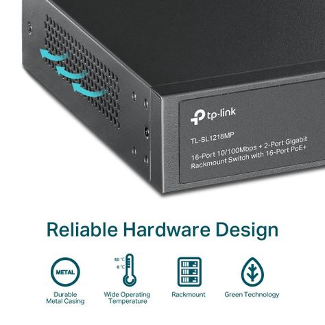 Switch 16 Puertos PoE 10/100 Mbps + 2 PoE Gigabit + 2 SFP Gigabit Rackeable TL-SL1218MP-7