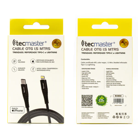 CABLE OTG TIPO-C A LIGHTNING TECMASTER 1.5 METROS CERT MFI CORDON TM-200534-2