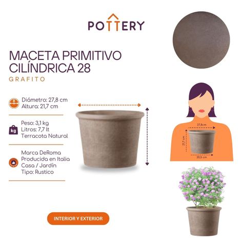 Maceta Primitivo Cilíndrica 28cm Grafito Deroma-2
