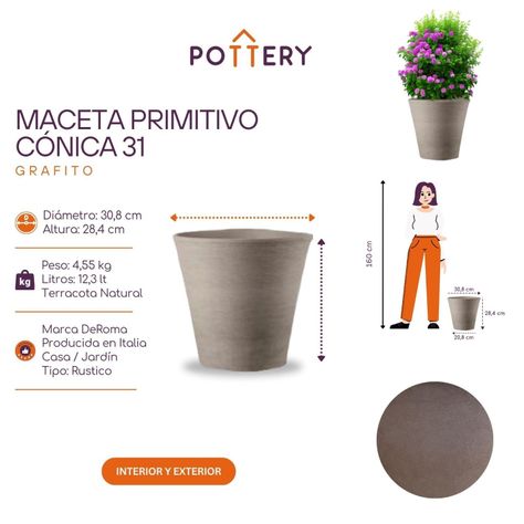 Maceta Primitivo Cónica 31cm Grafito Deroma-2