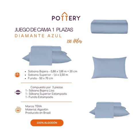 Juego de Sábanas 3 Piezas Diamante Azul, 1 plaza - 150 hilos en 100% Algodón-2