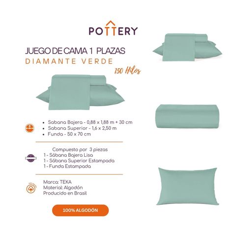 Juego de Sábanas 3 Piezas Diamante Verde, 1 plaza - 150 hilos en 100% Algodón-2
