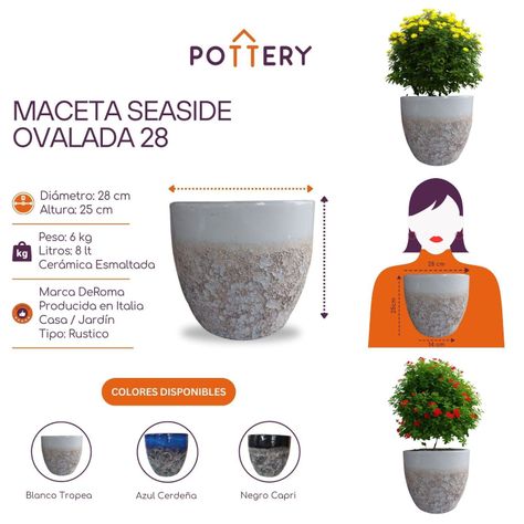 Maceta Seaside 28cm Ovalada Blanco Tropea Deroma-2