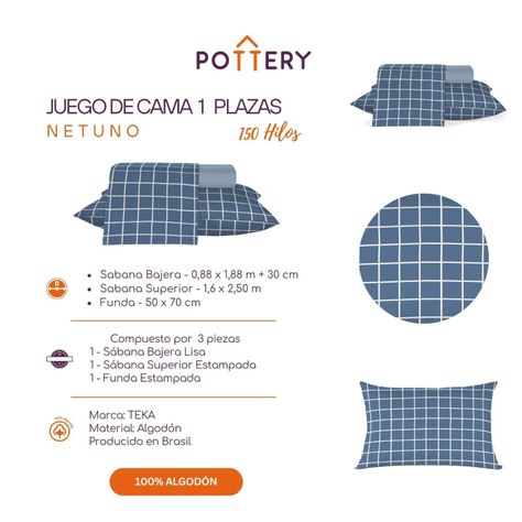 Juego de Sábanas 3 Piezas Diamante Netuno, 1 plaza - 150 hilos en 100% Algodón-2