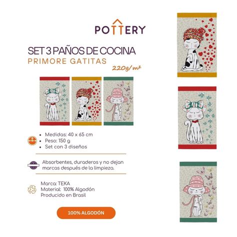 Set 3 Paños de Cocina Gatitas 220 g/m² - 100% Algodón Teka-2