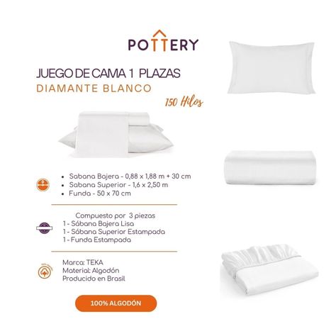 Juego de Sábanas 3 Piezas Diamante Blanco, 1 plaza - 150 hilos en 100% Algodón-1