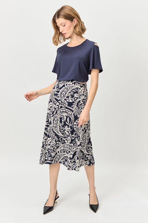 Falda Evase Estampada Azul Ma Griffe 12102224053104-0
