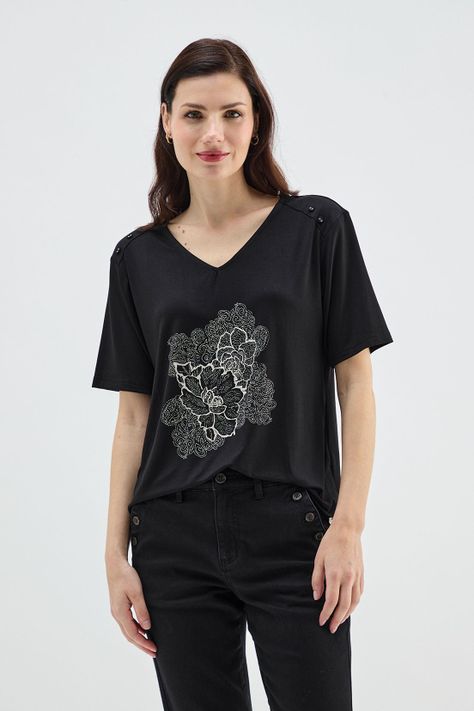 Polera Estampada Escote En V Negro Ma Griffe 14602224001102-0