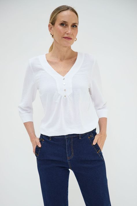 Blusa Escote En V Con Botones Crudo Ma Griffe 14002125004105-0