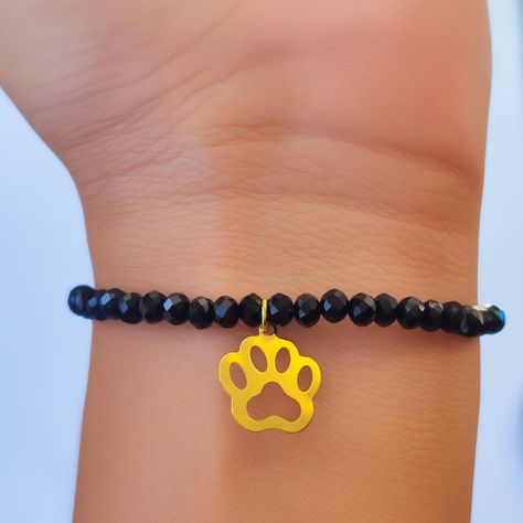 Pulsera Elásticada Cristales Negro Huella Perro Enchapado Oro 18K-1