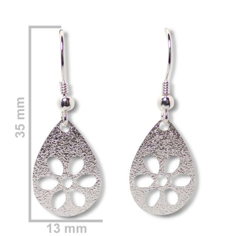 Aros Colgantes Gota Flor Calada Satinada Plata Fina 925-1