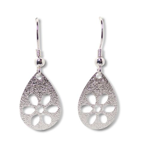 Aros Colgantes Gota Flor Calada Satinada Plata Fina 925-0