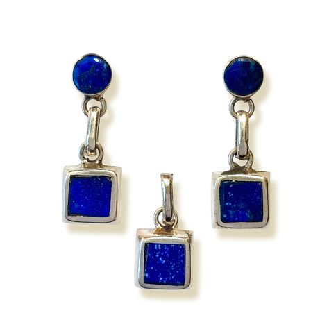 Set Aros Colgante Cuadrado Lapislázuli Plata Fina 925-0