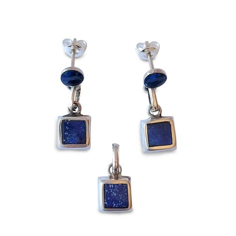 Set Aros Colgante Cuadrado Lapislázuli Plata Fina 925-1