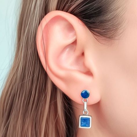 Set Aros Colgante Cuadrado Lapislázuli Plata Fina 925-2