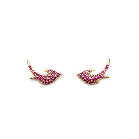 Aros Golondrina Circón Fucsia Enchapado Oro 18K-0