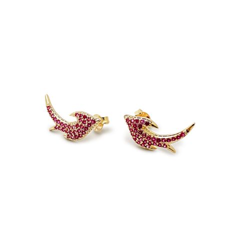 Aros Golondrina Circón Fucsia Enchapado Oro 18K-1