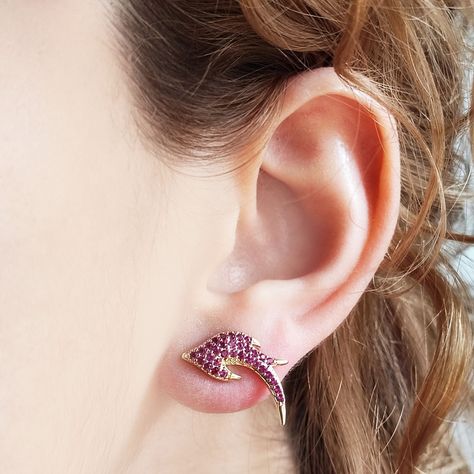 Aros Golondrina Circón Fucsia Enchapado Oro 18K-3