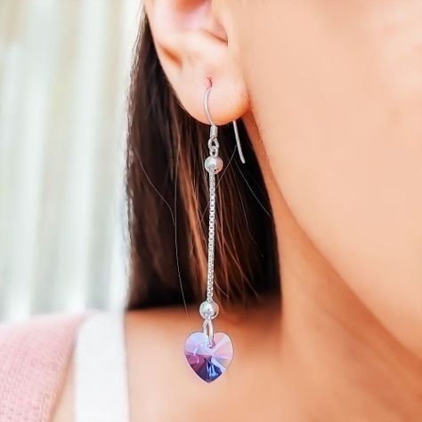 Aros Corazón Cristal Morado Colgante Plata Fina 925-1