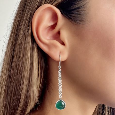 Aros Gota Ónix Verde Colgante Gancho Plata Fina 925-2