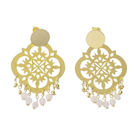 Aros Fernanda Cuarzo Rosa Colgante Enchapado Oro 18K-0