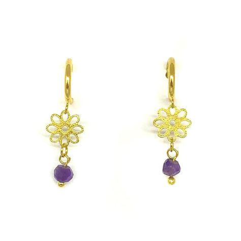 Aros Argolla Flor Colgante Amatista Enchapado Oro 18KA-0