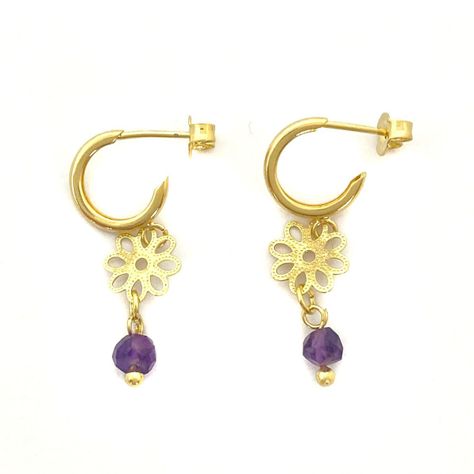 Aros Argolla Flor Colgante Amatista Enchapado Oro 18KA-1