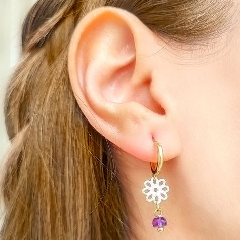 Aros Argolla Flor Colgante Amatista Enchapado Oro 18KA-2