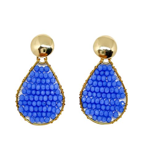 Aros Mostacilla Azules Cristal Alambre Bronce Tope Enchapado Oro 18K-0