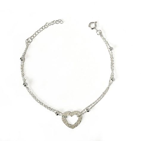 Pulsera Corazón Satinado Bolitas Plata Fina 925-0