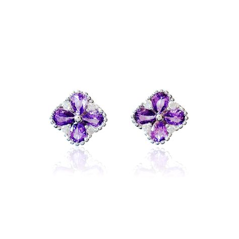 Aros Trébol Circón Morado Plata Fina 925-0