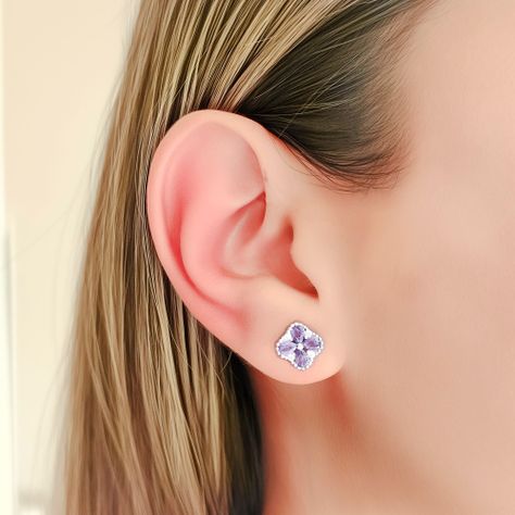 Aros Trébol Circón Morado Plata Fina 925-2