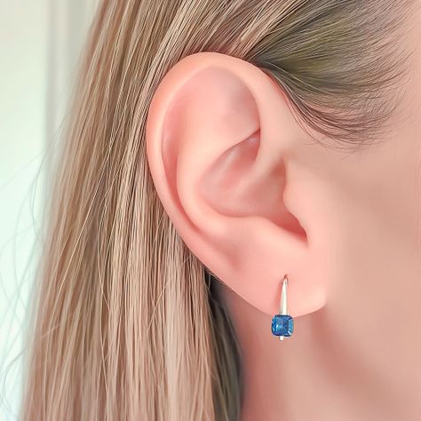 Aros Gancho Circón Cuadrado Azul Plata Fina 925-2