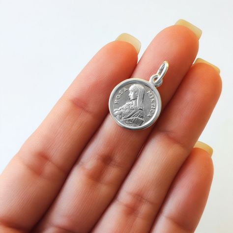 Colgante Medalla Virgen Rosa Mística 16mm Plata Fina 925-2