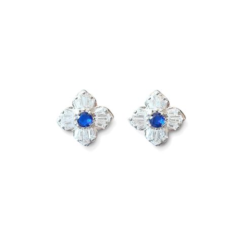 Aros Trébol Circón Azul Blanco Plata Fina 925 -0