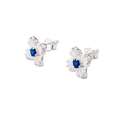 Aros Trébol Circón Azul Blanco Plata Fina 925 -1